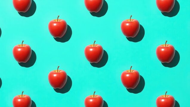 A repeating pattern of fresh red apples with strong shadows arranged neatly on a vibrant turquoise background.