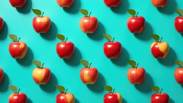 A vibrant, repeating pattern of red and yellow apples with green leaves arranged in a grid on a turquoise background.