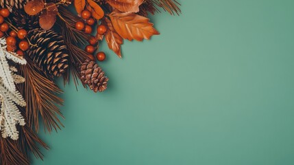 Colorful autumn decorations with pinecones and foliage on teal background