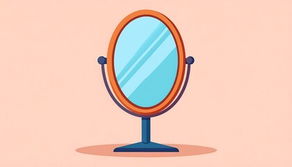 An illustration of a stand-up oval mirror with a brown frame, blue glass, a blue stand, set against a peach background