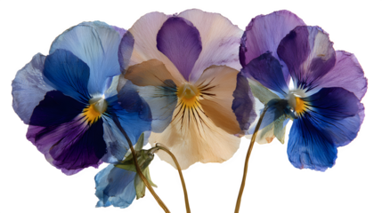 Pansies in shades of blue, purple, and beige, isolated on transparent background