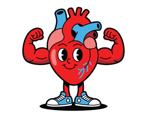 Strong cartoon heart flexing muscles isolated on white background