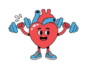 Cartoon heart lifting dumbbells isolated on white background