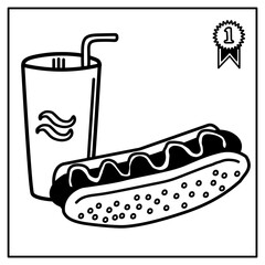 Hotdog And Cup Of Soft Drink With Straw In Retro Black And White Icon Featuring Number One Star Ribbon Badge Depicting Best Seller Fast Food And Beverage Promotion In Vintage Style Illustration