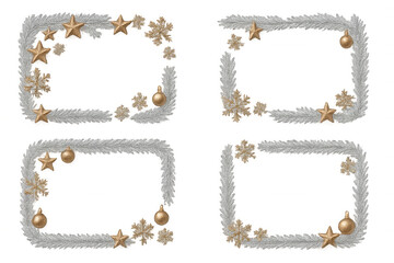 Christmas border with silver fir branches, golden stars, snowflakes, and baubles on transparent background