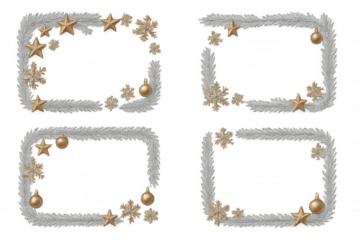 Christmas border with silver fir branches, golden stars, snowflakes, and baubles on transparent background