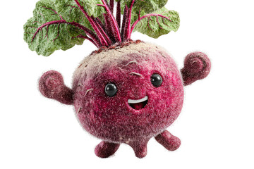 Adorable animated turnip character with a smiling face, round body, green leafy top, cute expressive eyes, small arms and legs, white background, cartoon style
