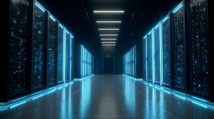 Futuristic dark server room corridor illuminated by vibrant blue neon lights