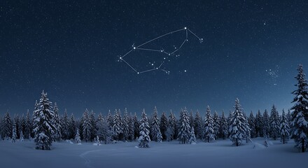 Winter night landscape with starry constellation above snow covered forest