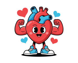 Strong cartoon heart flexing muscles isolated on white background