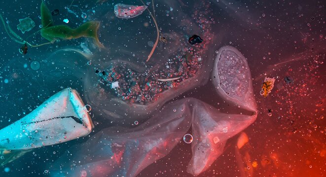 Polluted water close up debris and contaminants floating in liquid