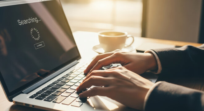 Searching Online with Laptop and Coffee Cup on Table Person Typing on Keyboard with Loading Icon on Screen Internet Browsing and Information Retrieval
