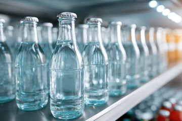 Clear glass bottles of water on a shelf