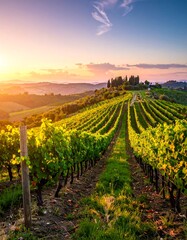 Tuscan vineyard at sunset