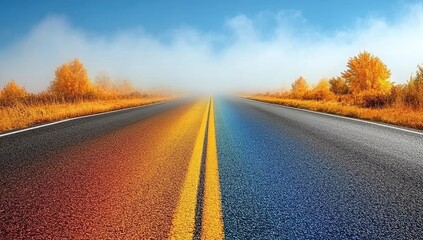 Autumn road disappears into fog; colors split