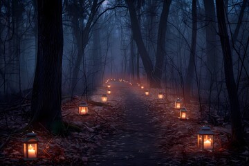 Obraz premium Pathway illuminated by glowing lanterns in a misty forest during twilight