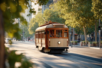 Obraz premium The city tram slowly moves along its route