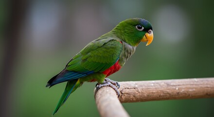 Fototapeta premium Vibrant parrot perched on wooden branch against blurred natural background