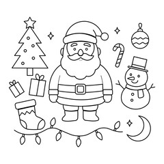 Outline Christmas illustration featuring Santa Claus, snowman, Christmas tree, gifts, stocking, candy cane, lights, ornaments, stars, and crescent moon