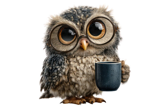 Adorable realistic owl character with large expressive eyes wea round glasses and holding a black coffee mug on a white background