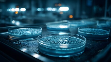 Laboratory Petri Dishes Under Bright Lights and Scientific Equipment