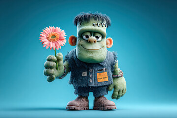 Cute Monster Character Holding Pink Flower Cartoon Style Humanoid Creature with Green Skin Over Blue Background for Kids Book Illustration