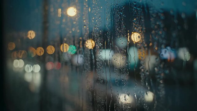 Rain-streaked window with soft bokeh lights in the distance, creating a serene and contemplative mood, filmed with a gentle slide motion solitude, peaceful, introspection