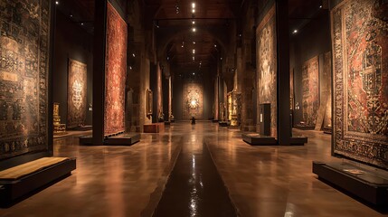 Grand hallway lined with tall columns displaying intricate tapestries under dramatic lighting