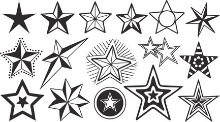 Assorted Hand Drawn Star Illustrations a Celestial Collection of Black and White Starry Designs for Decoration