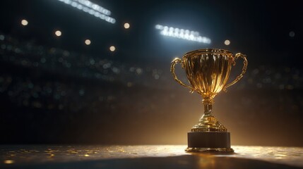 champion. Golden trophy on a pedestal illuminated by a warm spotlight against a dark blurred background. event key visuals, club posters, designed for sports event promotions and stadium branding.