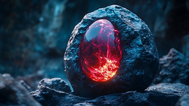 Mystical orb encased in stone with glowing lava veins evoking a sense of power