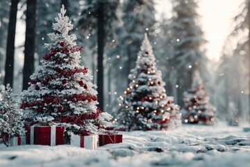 Fototapeta premium Winter wonderland showing decorated christmas trees with presents on snow covered ground in forest