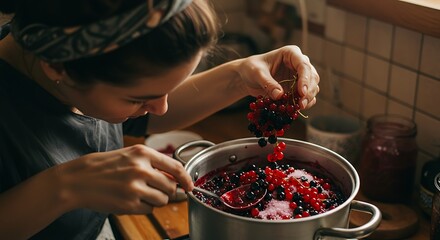 Woman cooking berries in a pot indoors preparing ingredients