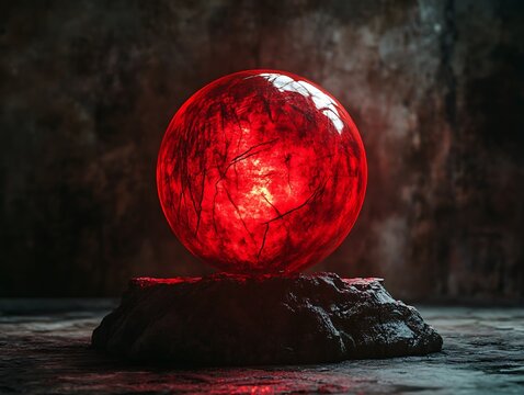 Crimson orb illuminates a rock altar against a dim, textured backdrop