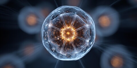 A bunch of glowing cells with one in the closeup.