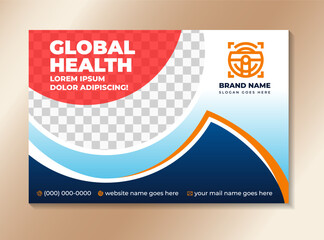 gradient horizontal banner template for world health day awareness. global health poster design on horizontal layout with space for photo. white blue gradient background with red and orange element. 