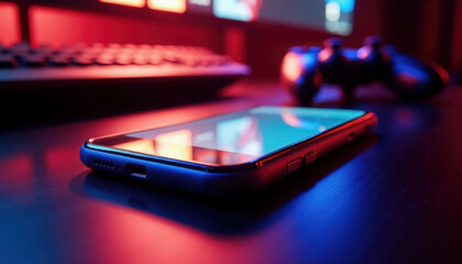 smartphone on dark desk with neon glow. gaming controller and keyboard blurred behind. modern entertainment device with sharp reflections.