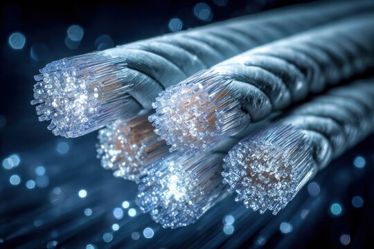 Red and blue fiber optics transmit data in high speed network communication with modern technology