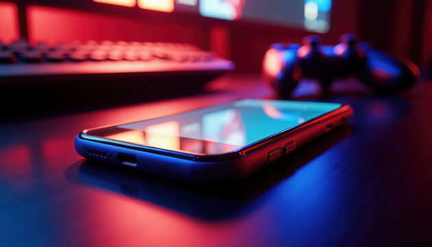 smartphone on dark desk with neon glow. gaming controller and keyboard blurred behind. modern entertainment device with sharp reflections.