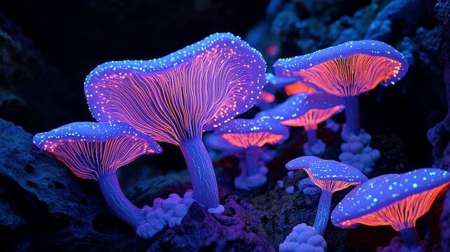 Glowing mushrooms in dark cave, fantasy background, nature scene, digital art