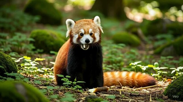 Adorable Red Panda Eating in Forest Habitat