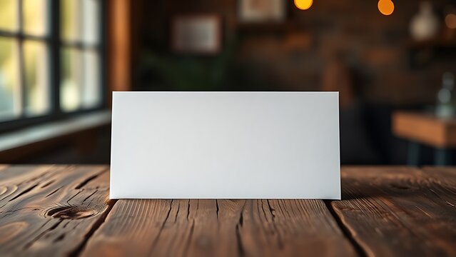 Blank greeting card resting on a rustic wooden surface with warm ambient light.