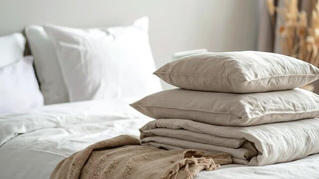 Cozy Bedroom Scene with Stacked Pillows and Blanket.