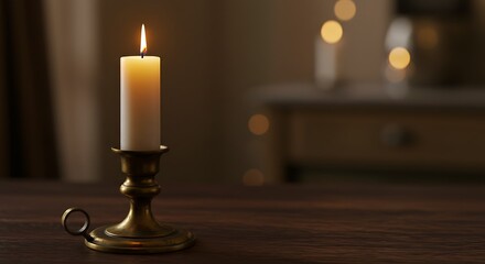Lit candle in ornate holder on wooden surface with warm interior background