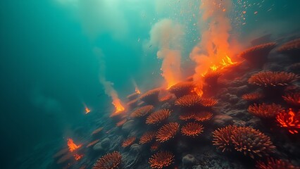 A terrifyingly beautiful underwater scene where the coral reef is consumed by an acidic neon-green and orange haze.