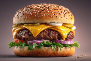 Delicious homemade burger with sesame seed bun, cheese, pickles, onions, lettuce, tomato, and red onion stacked high and displayed on a neutral surface