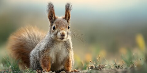 A squirrel is standing in the grass with its head down