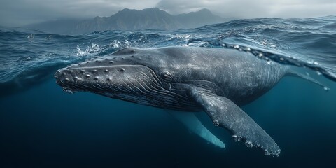 A whale is swimming in the ocean
