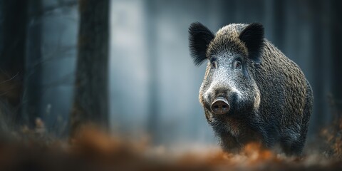 A wild boar is standing in a forest.