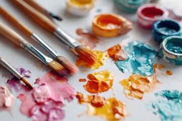 Obraz premium Vibrant paint colors and brushes on an artist's palette